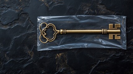 Antique brass skeleton key in plastic bag on dark stone.
