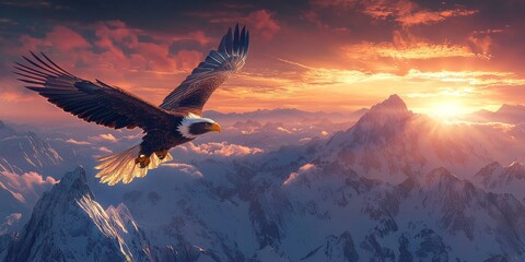 Fototapeta premium Majestic Eagle Soaring Sunrise Mountain Peaks Landscape