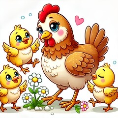 Fototapeta premium mother hen with her chicks , cartoon 