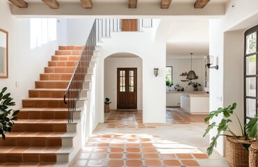 Sunlit entryway with terracotta tile stairs, arched doorway, and kitchen view.