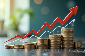 Visual graph of profit growth. Increase in income or expenses. Stacks of coins with two colored up arrows on blurred background of office interior. Red and white arrow pointing up