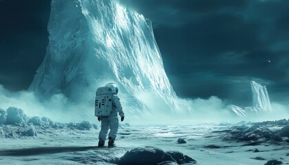 Surreal Astronaut on Icy Planet Landscape