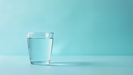 Glass of water on blue background. Clean transparent drinking water in close-up. Banner with copy space