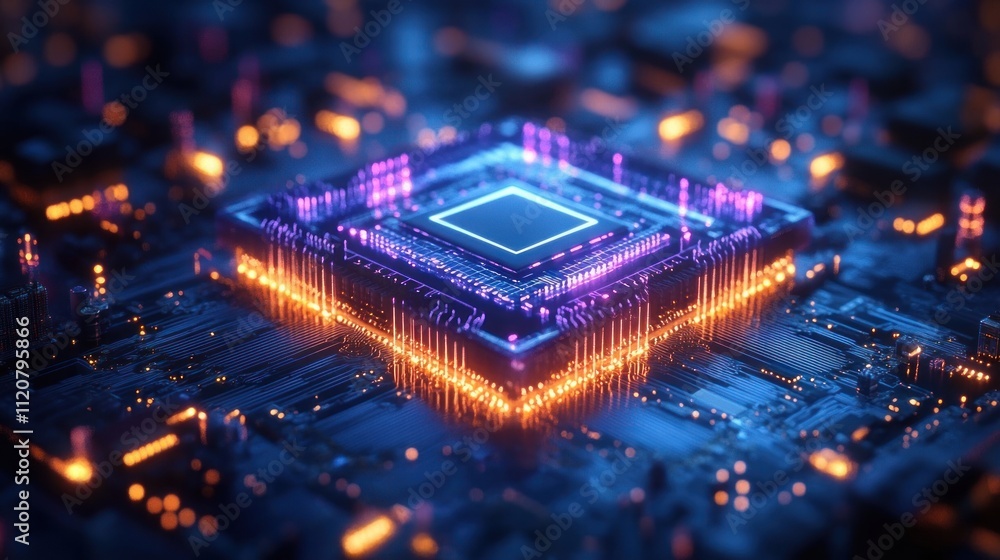 Poster futuristic microchip with neon glowing circuits in cyberpunk style