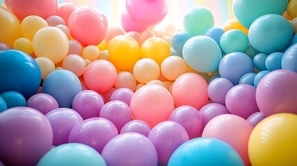 Pastel-colored balloons fill the frame, creating a cheerful and festive background.