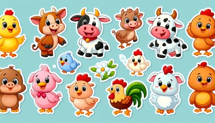 Obraz premium Cute pre-school animal sets, vector illustraions, patterns, fish, lizards, cows farm animals, pigs, bees, birds, gecko, lady bugs, wolves, jellyfish, insects. stickers for kids and pre-school 