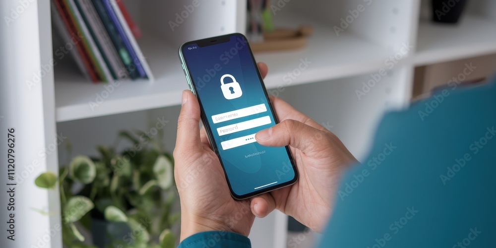 Poster secure smartphone in hand with login screen