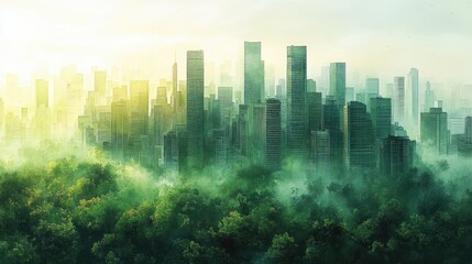 Futuristic Green Skyscrapers Utilizing Nature and Technology in a Vibrant Cityscape with Sustainable Design