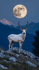 Obraz premium A majestic white deer with perfect antlers, on the mountain and the beautiful view of the full moon at night