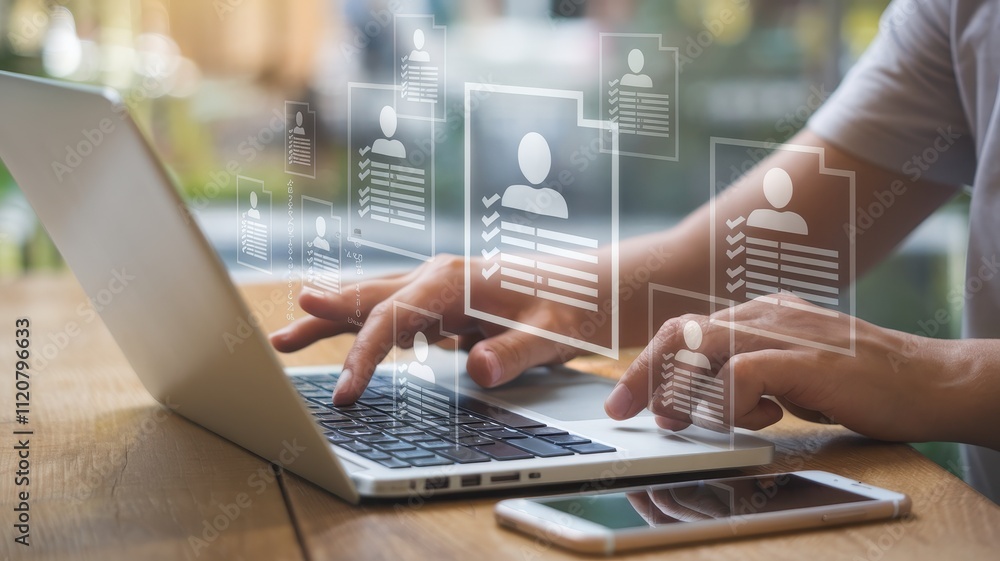 Poster hands using laptop with digital business interface