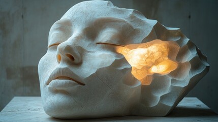 3D rendering of human face with geometric patterns abstract sculpture modern surrealism art
