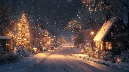 Snowy Village Street with Holiday Lights and Frosty Trees