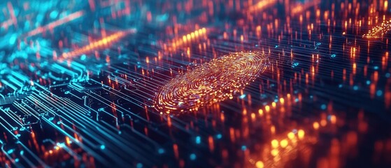 Abstract digital fingerprint on glowing circuit board.