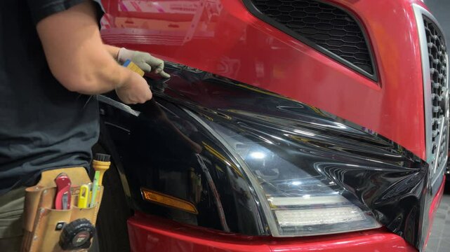 Process of applying a PPF film to a truck. Close up footage of applying a film on a truck. Close up