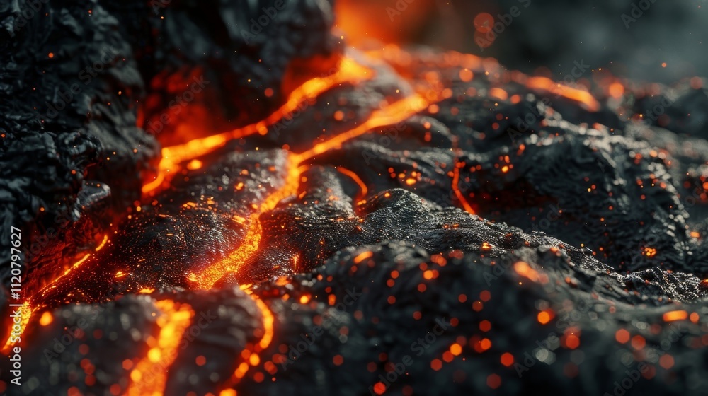Poster a molten lava stream flowing down the side of a volcano with digital coins embedded in the fiery liq