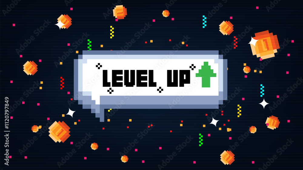Aufkleber speech box level up text with gold coin ,with life hearts indicator on blue background.pixel art .8 