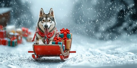 Husky Dog Pulling Sled with Christmas Gifts in Snowy Winter Landscape