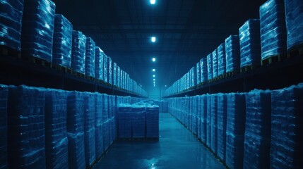 Obraz premium Warehouse Aisle with Stacked Pallets and Blue Lighting