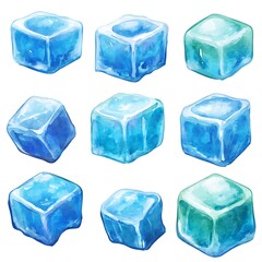 Obraz premium Watercolor illustration of nine ice cubes in various shades of blue and green, perfect for refreshing drink designs.