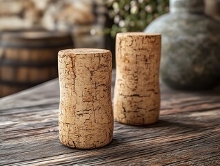 Close-up of two corks on wooden surface.