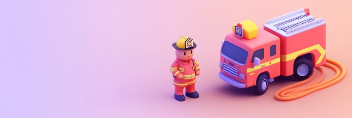 Fototapeta premium Cartoon firefighter and fire truck illustration.