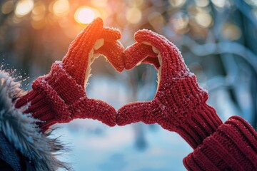 A heart shape made by two hands wearing gloves, with the sun setting in background. The woman is holding her hand up to form an open heart symbol, and she has white patterned woolen sleeves