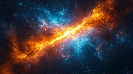 Obraz premium A vivid cosmic nebula, bright orange and blue, complex star patterns and twinkling celestial details, showcasing a breathtaking space aesthetic. Showcasing the beauty of the universe and deep space.