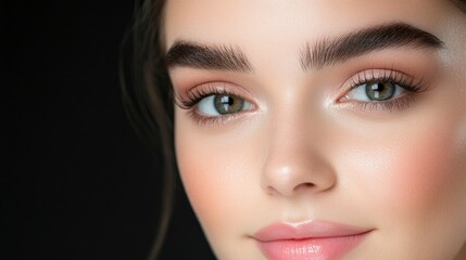 Fototapeta premium Close-up of a beautiful woman with thick eyebrows, soft pink lipstick, and glossy skin against a black background.