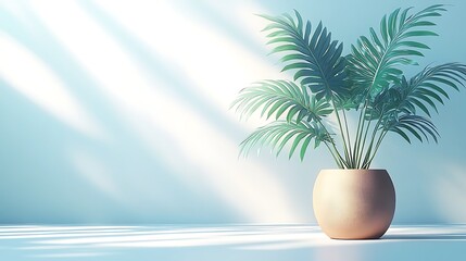Sunlit indoor plant in a pot against a light blue wall.