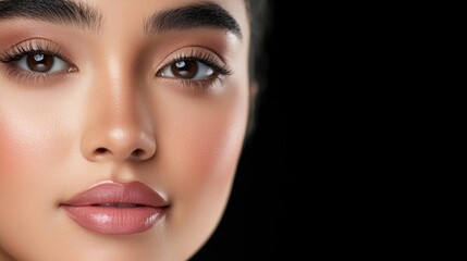 Fototapeta premium Close-up of a beautiful woman with thick eyebrows, soft pink lipstick, and glossy skin against a black background.