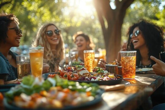 Multiracial friends enjoying fun picnic outdoors in park with food and laughter