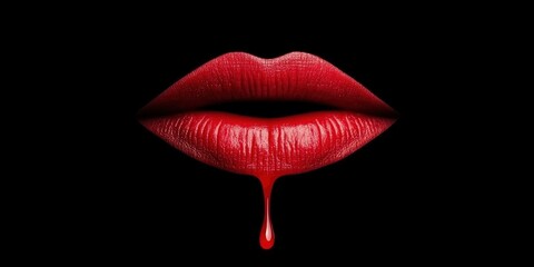 Close up of red lips with dripping liquid on a black background