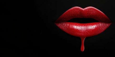 Close up of red lips with dripping liquid on a black background