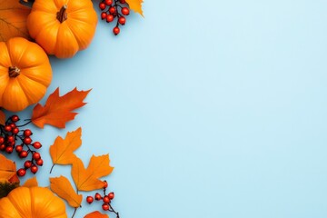 Fall decorations of pumpkins, leaves, and berries on a light blue background with copy space for text.