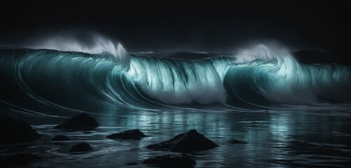 Ethereal glowing waves cascading into a dark, reflective abyss