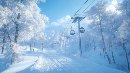 Ski Lift Ascending Through Snowy Forest on a Sunny Day
