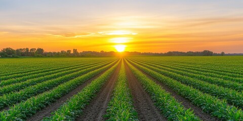 Sunrise over an endless field with rows of crops, showcasing agricultural beauty and nature's grandeur.