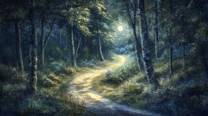 Fototapeta premium Moonlit Path Through Enchanting Forest