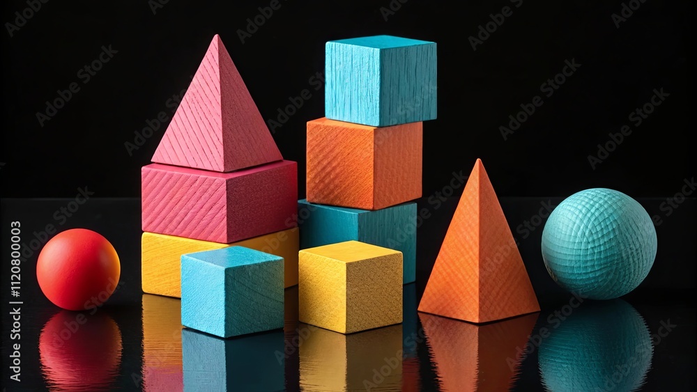 Poster a colorful stack of wooden blocks with a red ball on top