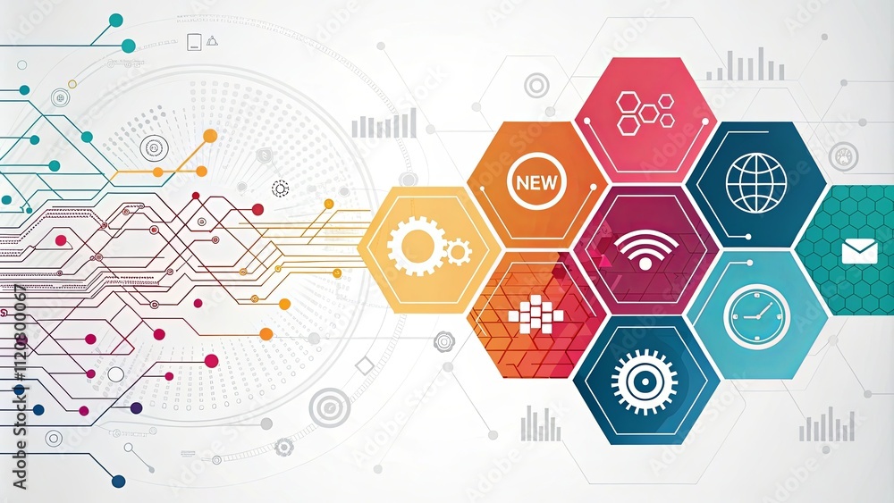Poster A colorful hexagon with a gear in the middle and the words 