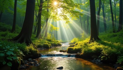 Fototapeta premium Serene forest landscape with tall ancient trees, sunrays breaking through the canopy, soft green moss covering the forest floor, and a babbling brook running through the scene.