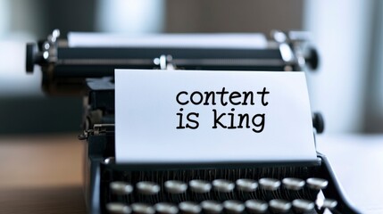 The words content is king written on white paper with a vintage typewriter, in black and white.