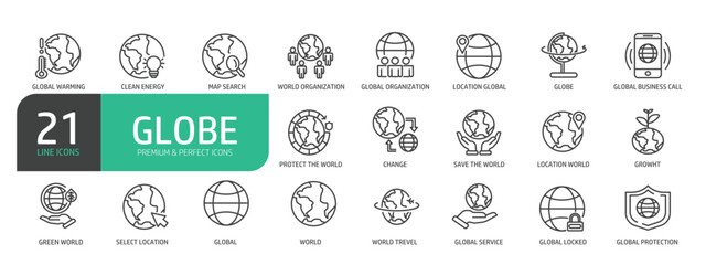 Set of globe line icons. Collection of Planet Earth, Globe, Global Business, Climate Change, Travel, Environmental Conservation, and more.