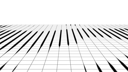 Abstract technology perspective moving multicolor grid. Retro background with glowing black grid landscape and moving camera. Detailed wireframe landscape with lines on white background