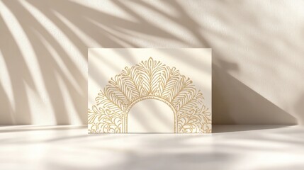 Gold ornate arch design on cream card.