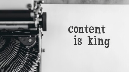 The words content is king written on white paper with a vintage typewriter, in black and white.