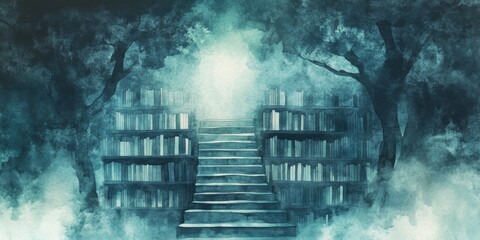 Watercolor painting of a magical library with stairs made of books and a ladder, books everywhere, in the dark academia aesthetic.