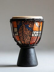 A vibrant orange and blue djembe drum on a grey background.