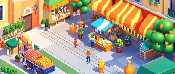Naklejka premium Vibrant market scene with fresh produce and people.