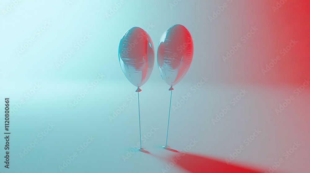 Poster two metallic balloons in a minimalist setting with cyan and red lighting.